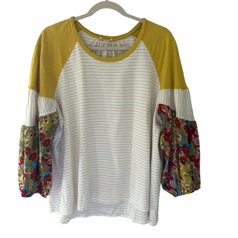 Umgee | Size L Yellow Striped Floral Sleeve Shirt Bubble Sleeve Boho Vintage